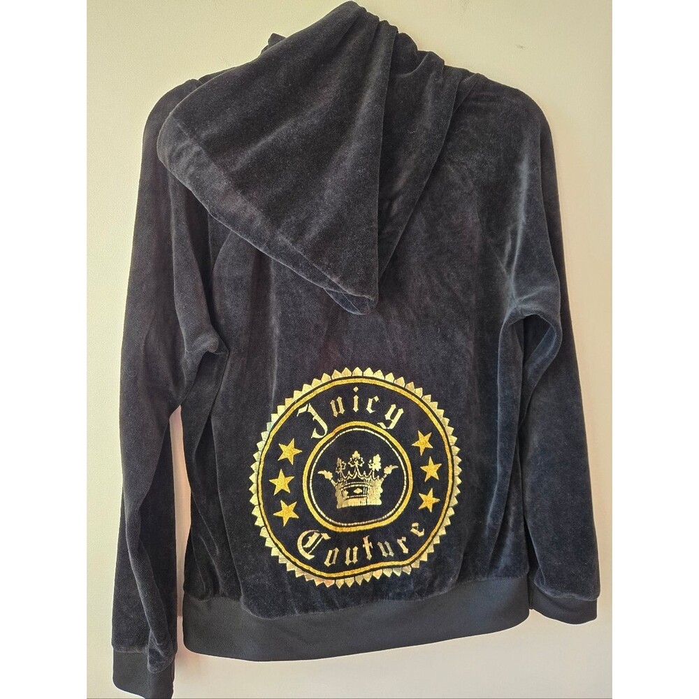 Juicy Couture Black Velour Zip-Up Hoodie Gold Crest Logo Size XL